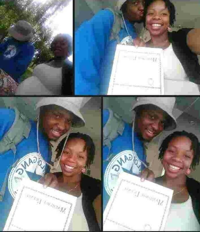 Michael Myers, 27, and his pregnant wife, Desiree Robinson, also 27, smile after getting marrie ...