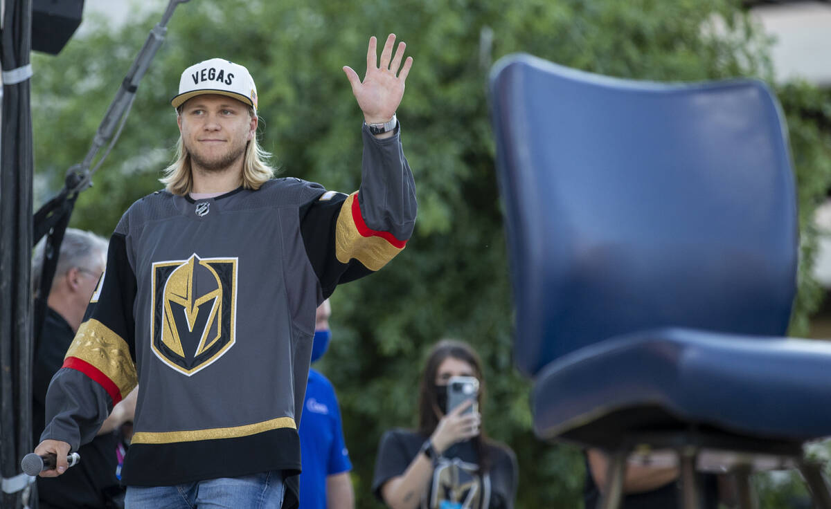 Golden Knights player William Karlsson greets the crowd after being introduced at their annual ...