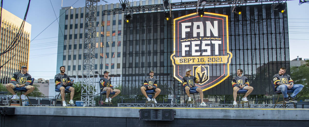 Golden Knights players on the stage to answer questions during their annual Fan Fest at the Dow ...