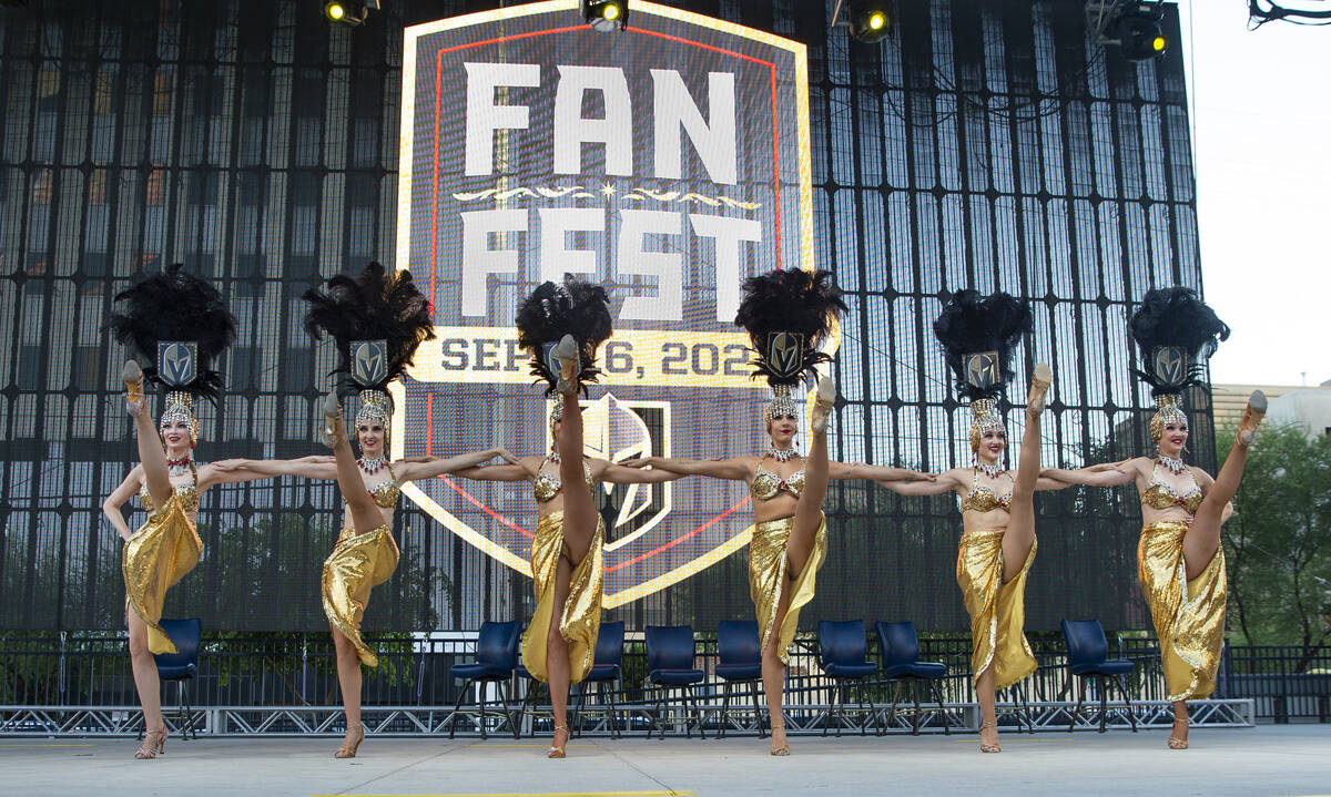 The Golden Belles perform for the crowd during the Golden Knights annual Fan Fest at the Downto ...