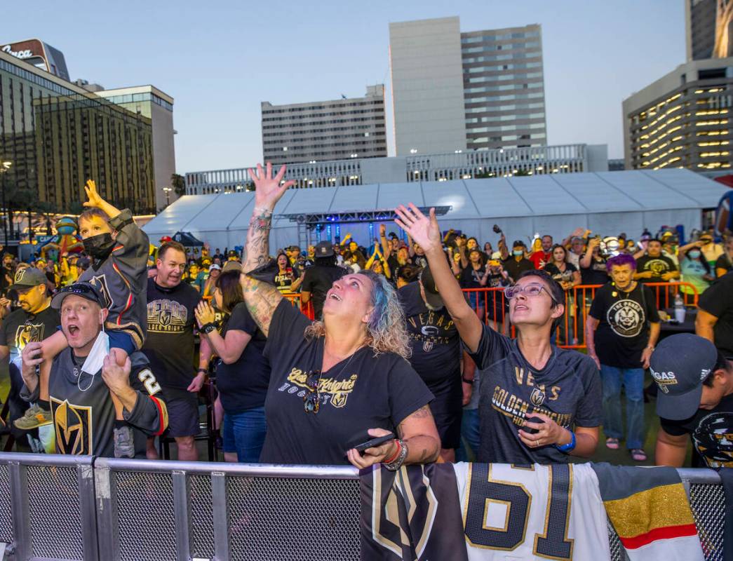 Merchandise is tossed to the crowd during the Golden Knights annual Fan Fest at the Downtown La ...