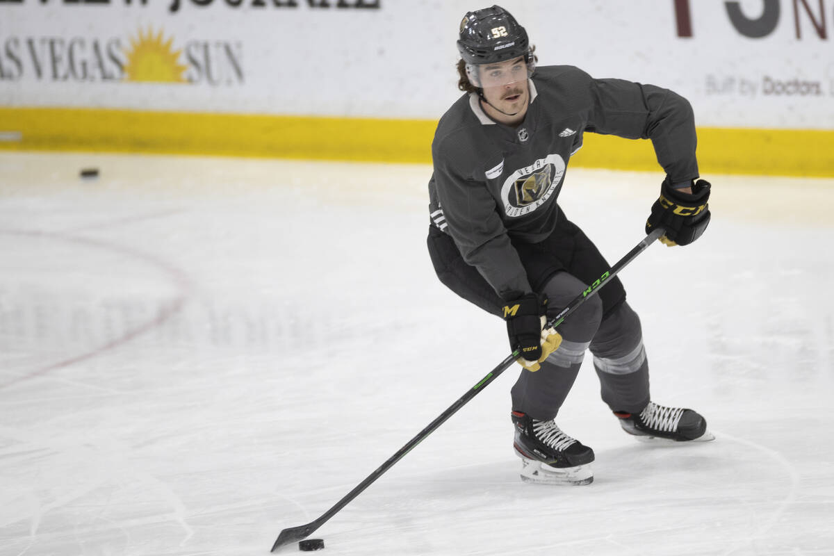 Golden Knights defenseman Dylan Coghlan (52) works through a drill during practice at City Nati ...