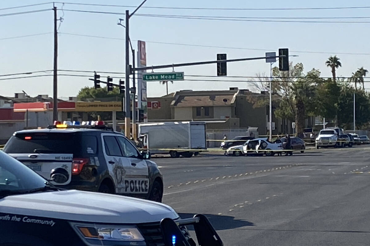 Police investigate a fatal crash near East Lake Mead Boulevard and North Walnut Road on Thursda ...