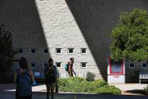 Students exit the Lied Library at UNLV in Las Vegas Thursday, Sept. 16, 2021. (Rachel Aston/Las ...