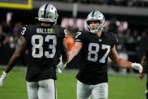 Las Vegas Raiders tight end Darren Waller (83) and Las Vegas Raiders tight end Foster Moreau (8 ...