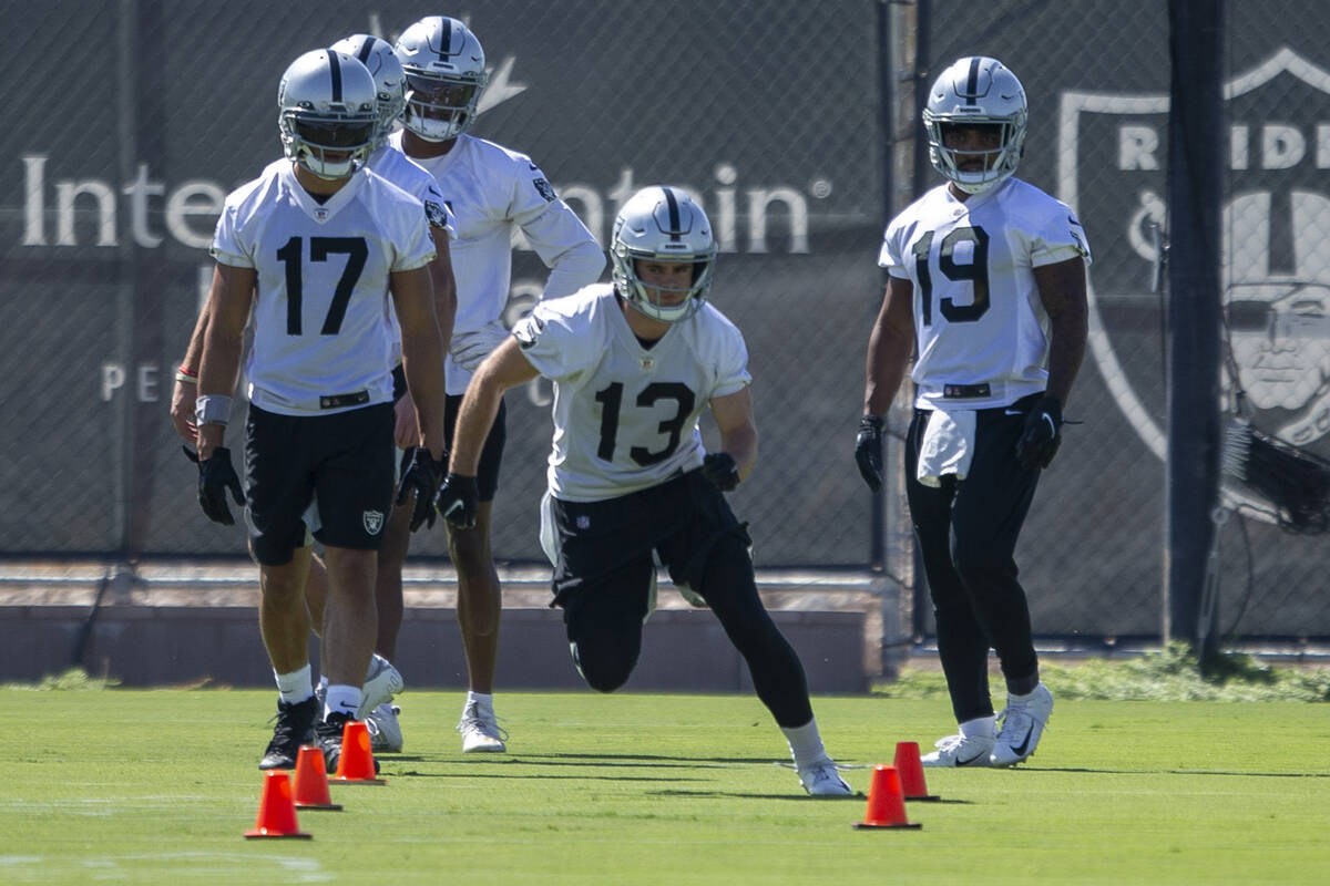 Raiders wide receiver Hunter Renfrow (13) sprints through a drill during team practice as wide ...