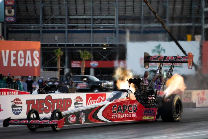 In this Nov. 1, 2020, file photo, driver Steve Torrence is seen in the Dodge NHRA Finals at Las ...