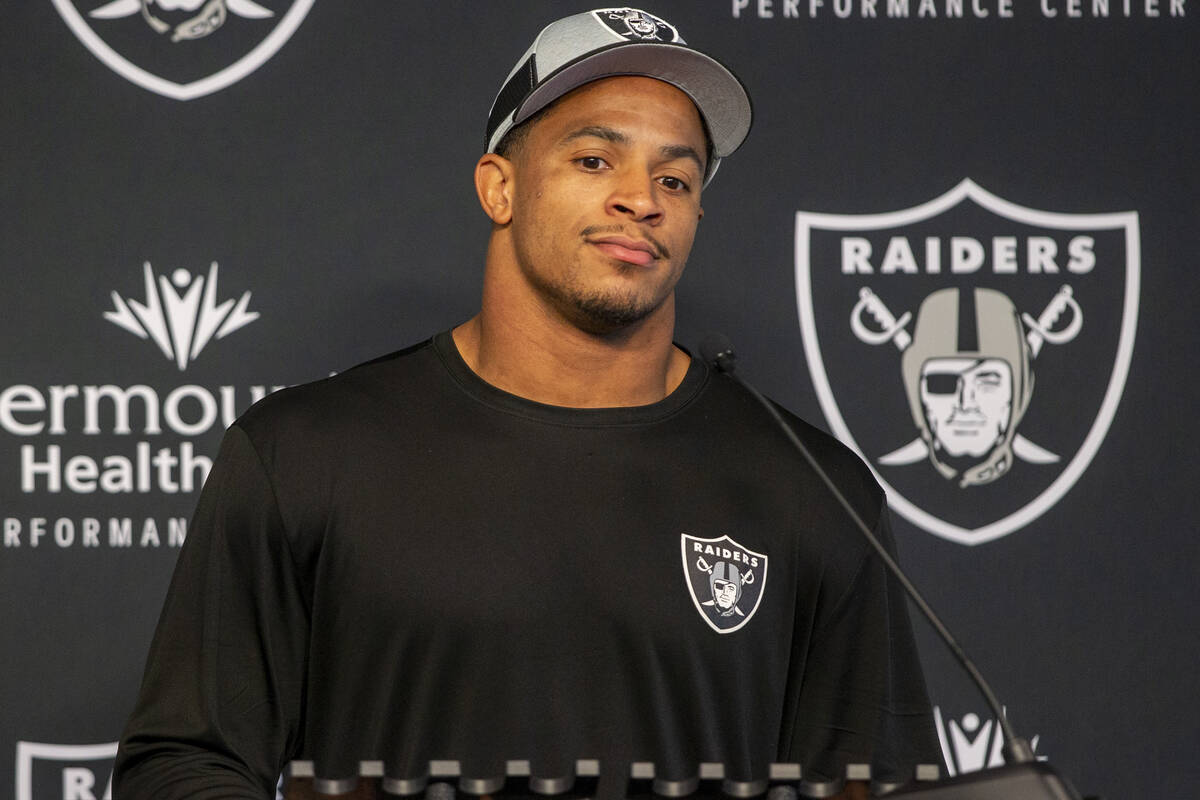 Raiders defensive back Johnathan Abram takes questions from the media during a news conference ...