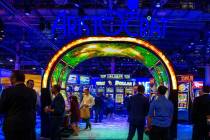 Visitors wander about the Aristocrat exhibition space entrance during the Global Gaming Expo 20 ...