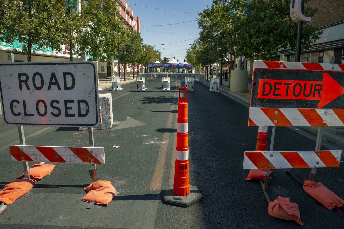 Road closures for Life is Beautiful along East Fremont Street on Thursday, Sept. 16, 2021, in L ...