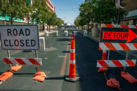 Road closures for Life is Beautiful along East Fremont Street on Thursday, Sept. 16, 2021, in L ...