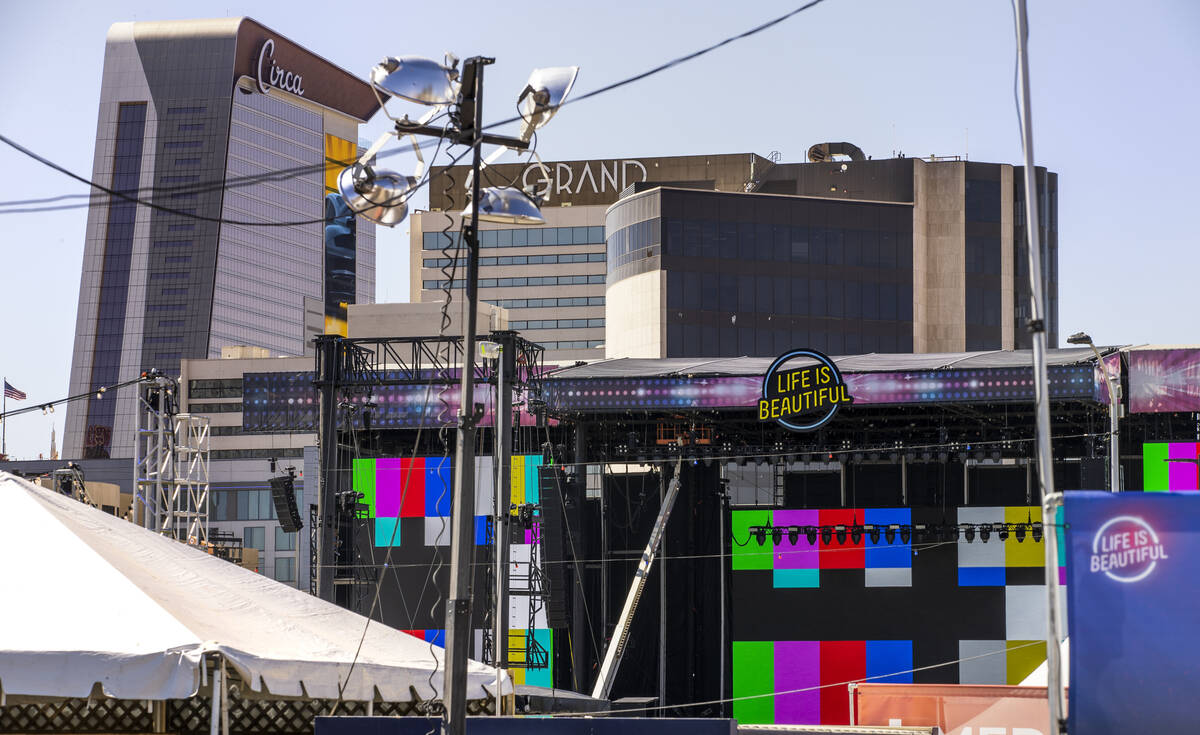 The video screens for the Life is Beautiful main stage are readied on Thursday, Sept. 16, 2021, ...