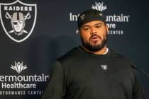 Raiders offensive tackle Jermaine Eluemunor takes questions from the media during a news confer ...