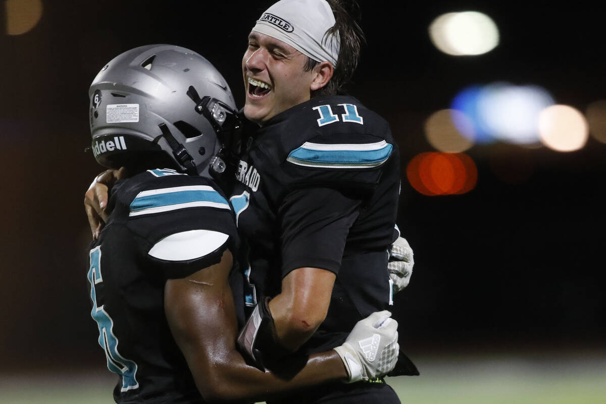Silverado High School's Brandon Tunnell (11) celebrates their victory 32-14 against Coronado Hi ...