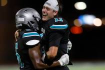 Silverado High School's Brandon Tunnell (11) celebrates their victory 32-14 against Coronado Hi ...