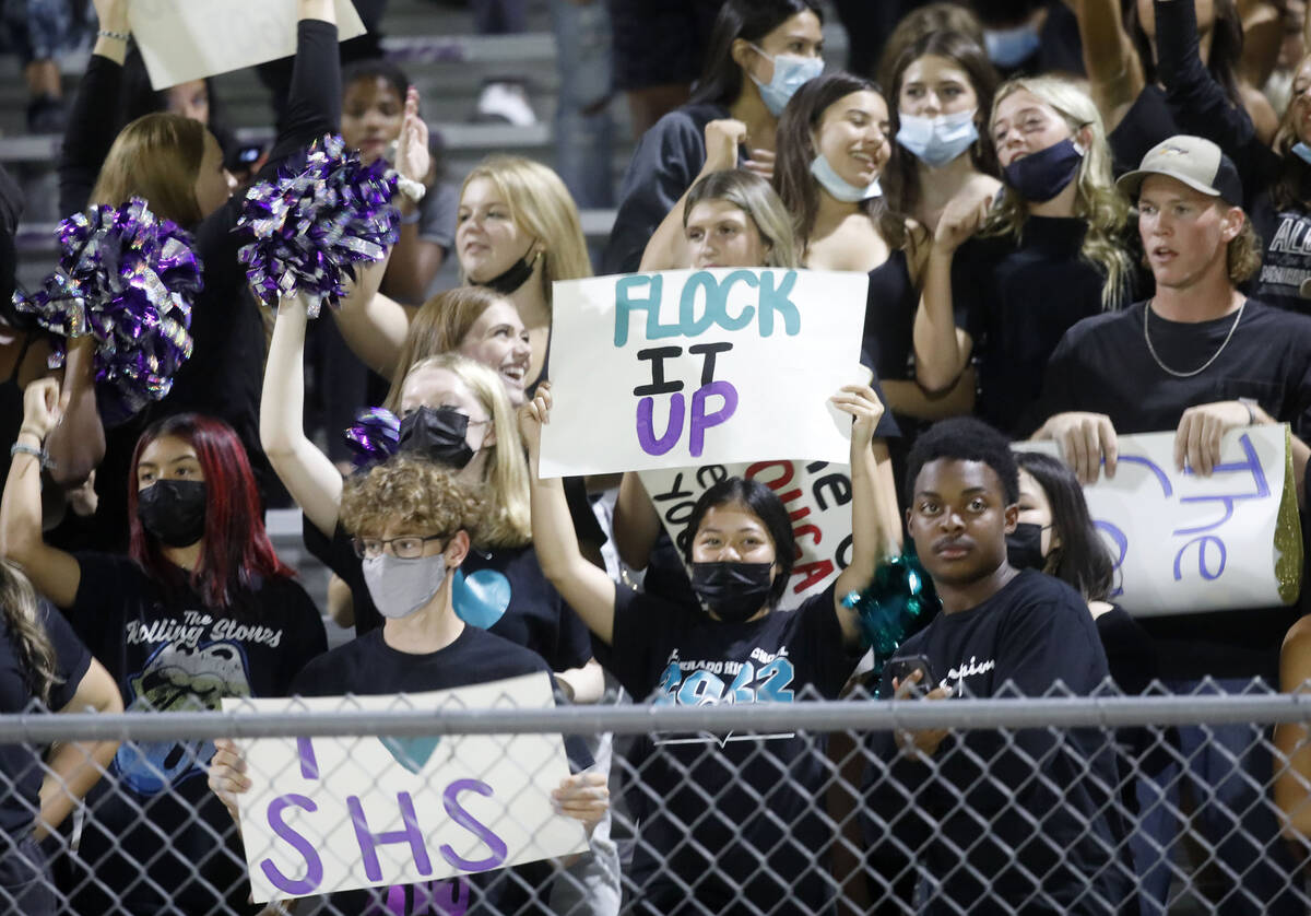 Silverado High School's fans cheer during the second quarter of a football game against Coronad ...