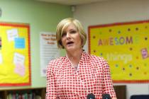 Rep. Susie Lee, D-Nev., addresses the media after touring Estes McDoniel Elementary with other ...