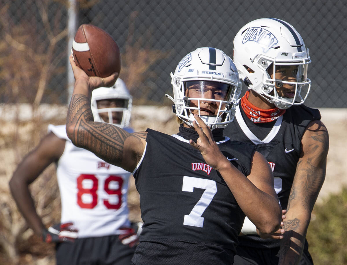 UNLV quarterback Cameron Friel (7) looks to pass during the first spring football practice at R ...
