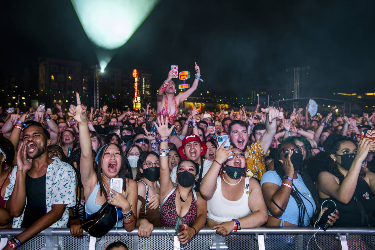 Fans yell and sing along as Ashnikko performs on the Bacardi Stage during day one of Life is Be ...