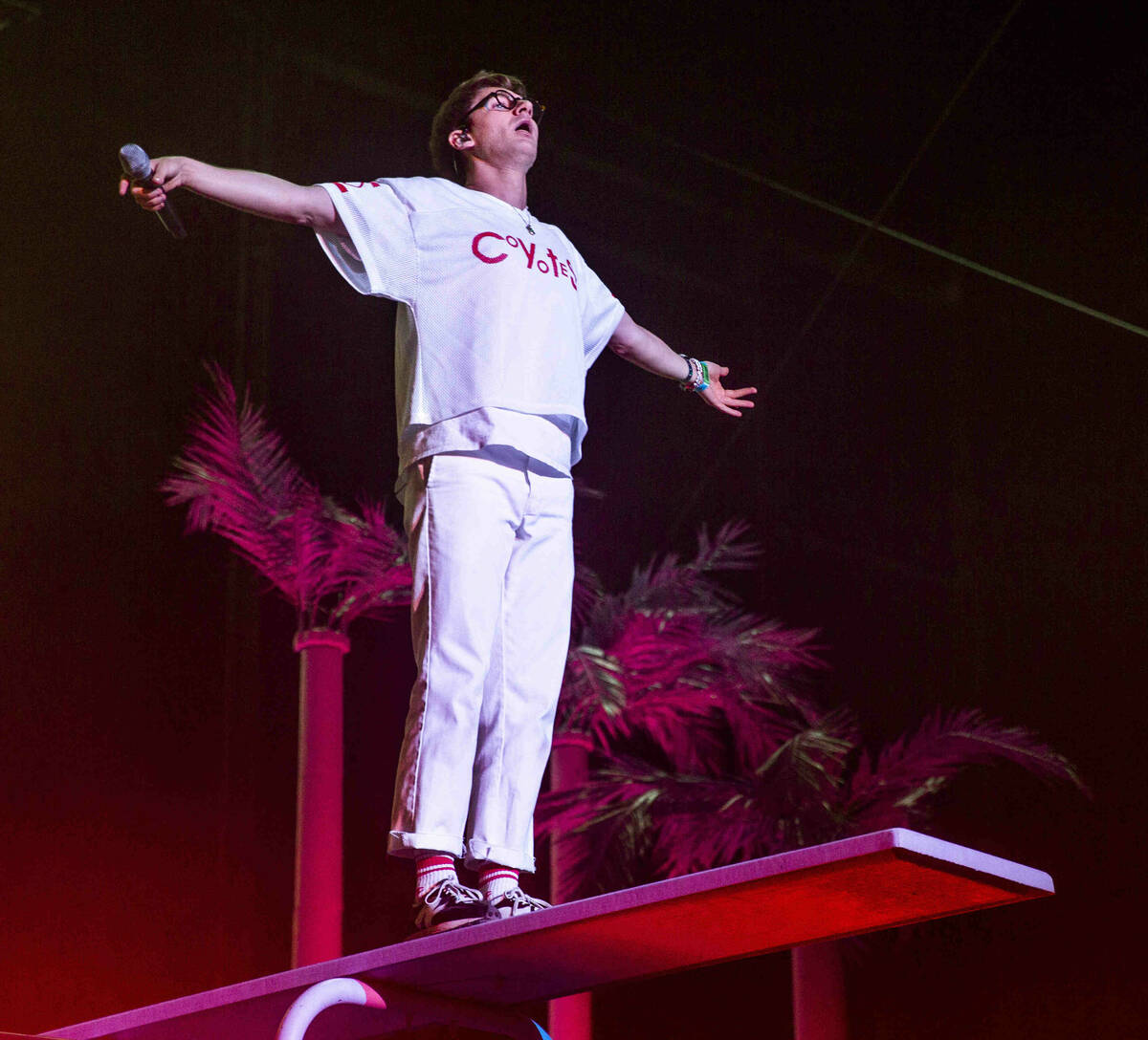 The Glass Animals lead singer Dave Bayley performs with the band on the Downtown Stage during d ...