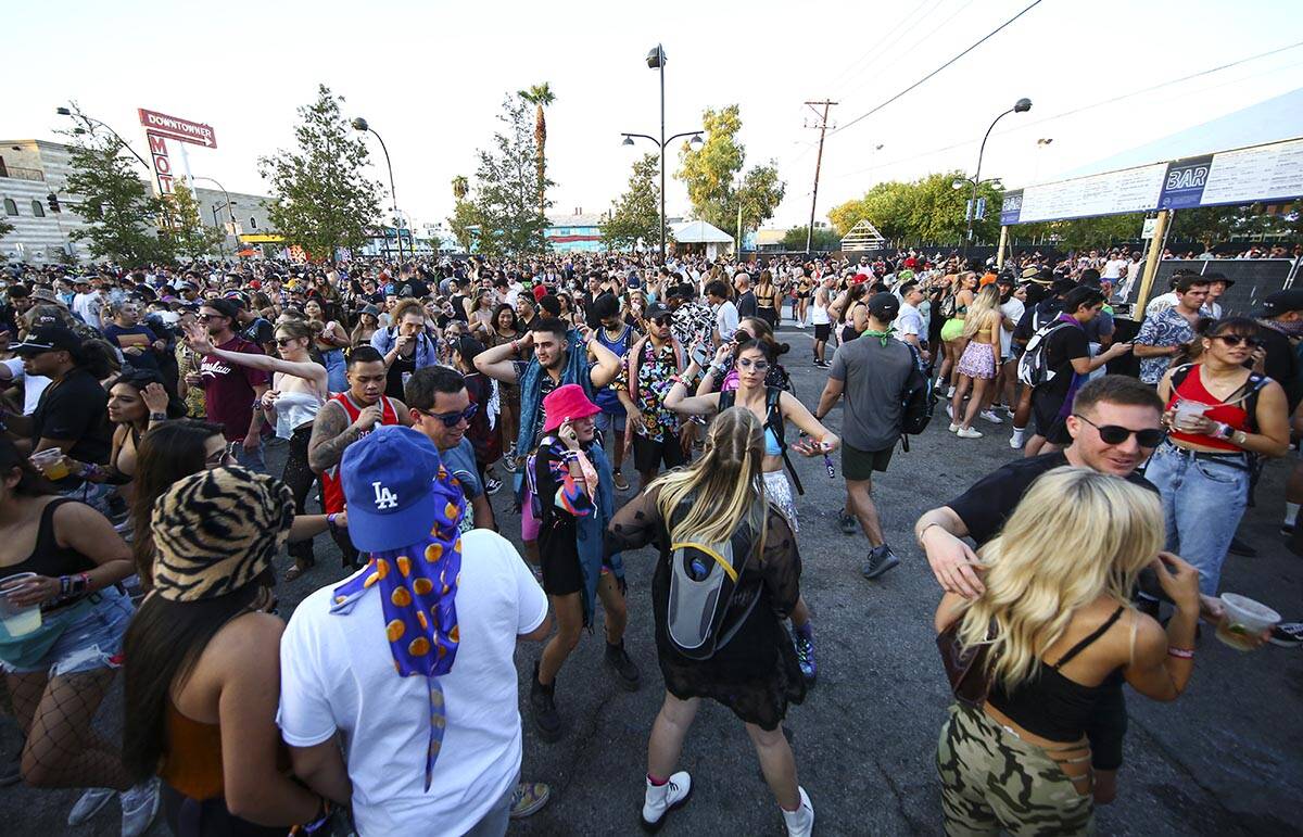 Attendees dance as LSDREAM performs at the Fremont Stage during the final day of the Life is Be ...