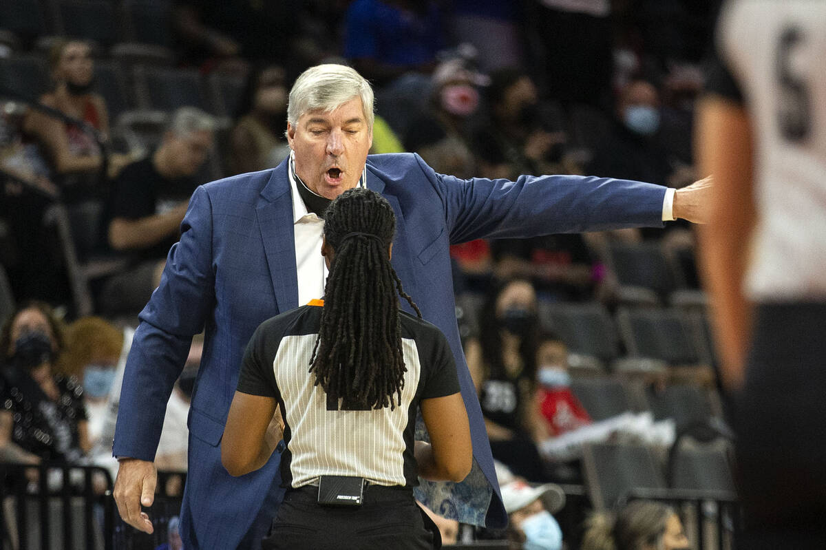Las Vegas Aces coach Bill Laimbeer is shown during a WNBA game against the Chicago Sky at Miche ...