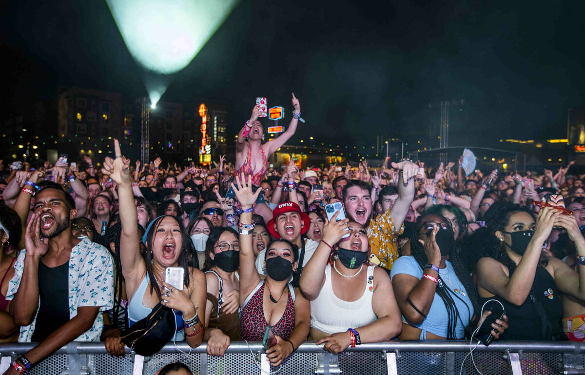 Fans yell and sing along as Ashnikko performs on the Bacardi Stage during day one of Life is Be ...