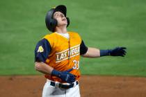 Aviators infielder Frank Schwindel (33) runs through home base after hitting a home run during ...