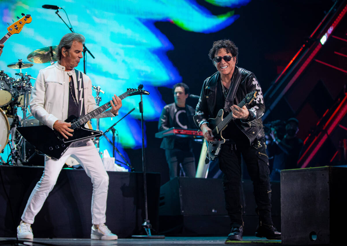 Jonathan Cain and Neal Schon of Journey perform during the 2021 iHeartRadio Music Festival at T ...