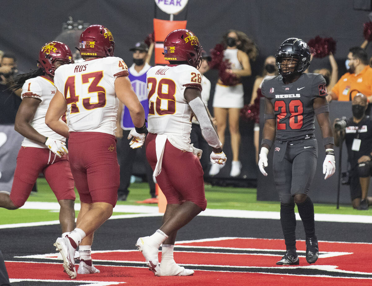 Iowa State CycloneÕs running back Breece Hall (28) celebrates his touchdown as UNLV Rebels ...