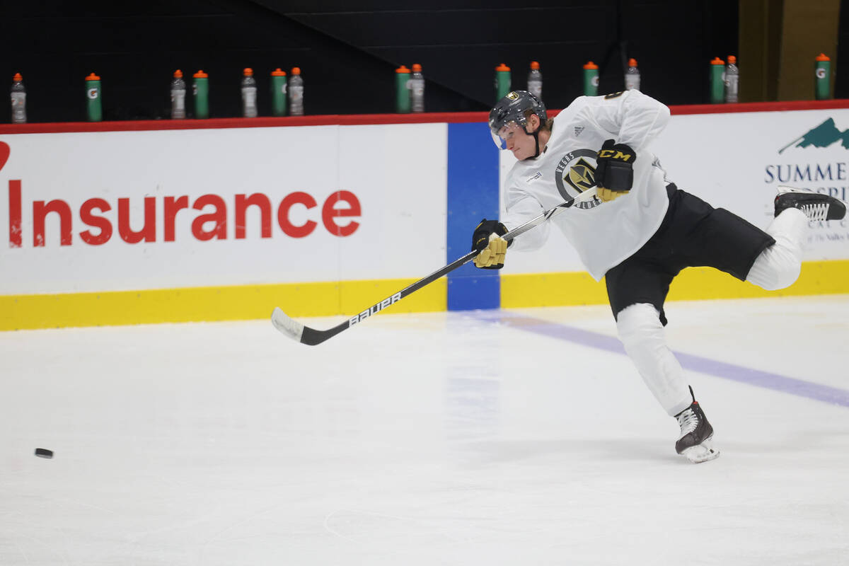 Vegas Golden Knights' Kaedan Korczak (6) participates during rookie camp at City National Arena ...