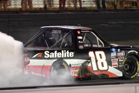 Chandler Smith celebrates his win in the NASCAR Truck Series auto race Thursday, Sept. 16, 2021 ...