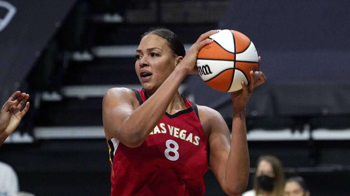 Las Vegas Aces' Liz Cambage in action against the Seattle Storm during a WNBA basketball game S ...