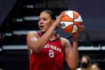 Las Vegas Aces' Liz Cambage in action against the Seattle Storm during a WNBA basketball game S ...