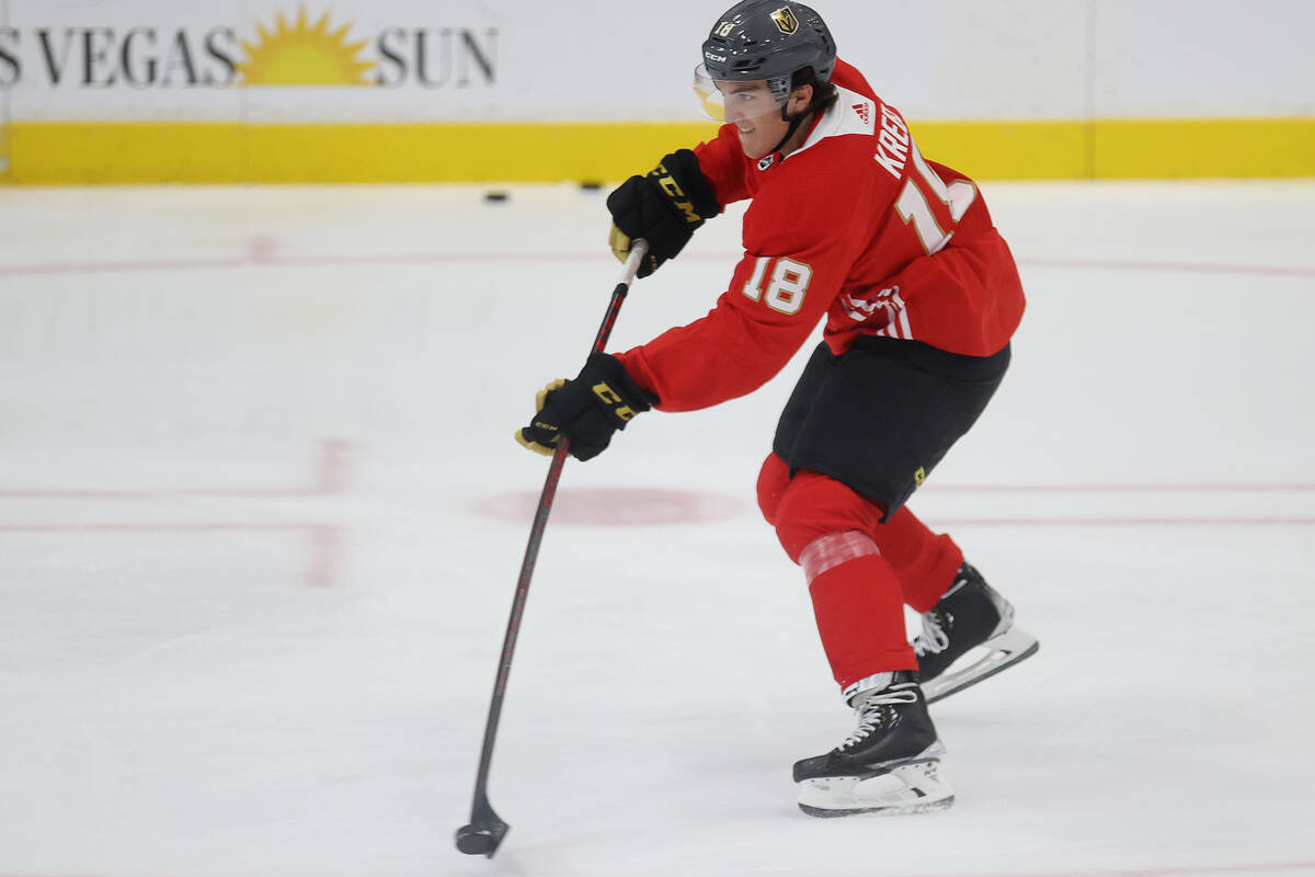 Vegas Golden Knights' Peyton Krebs (18) participates during rookie camp at City National Arena ...