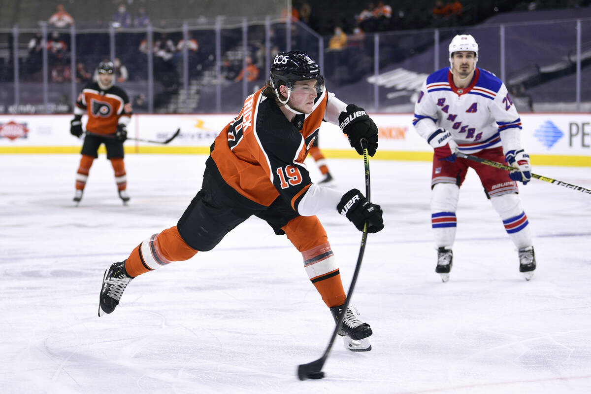 FILE - In this Saturday, March 27, 2021 file photo, Philadelphia Flyers' Nolan Patrick takes a ...