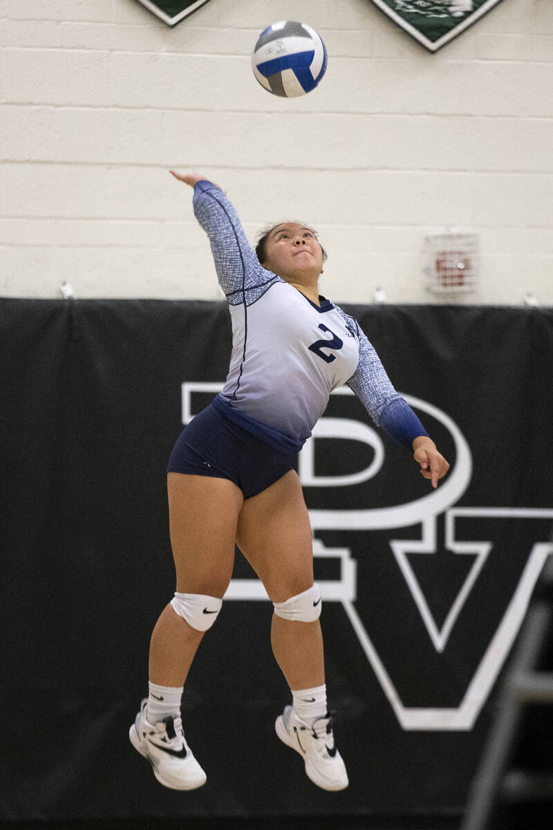 Shadow Ridge's Lali Makaiwi (2) serves to Palo Verde during their high school volleyball game a ...