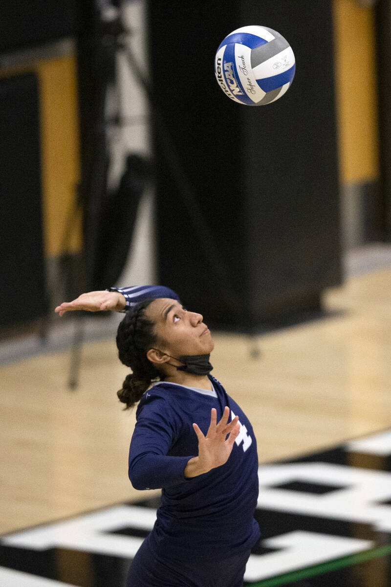 Shadow Ridge's Moni Jerome (4) serves to Palo Verde during their high school volleyball game at ...