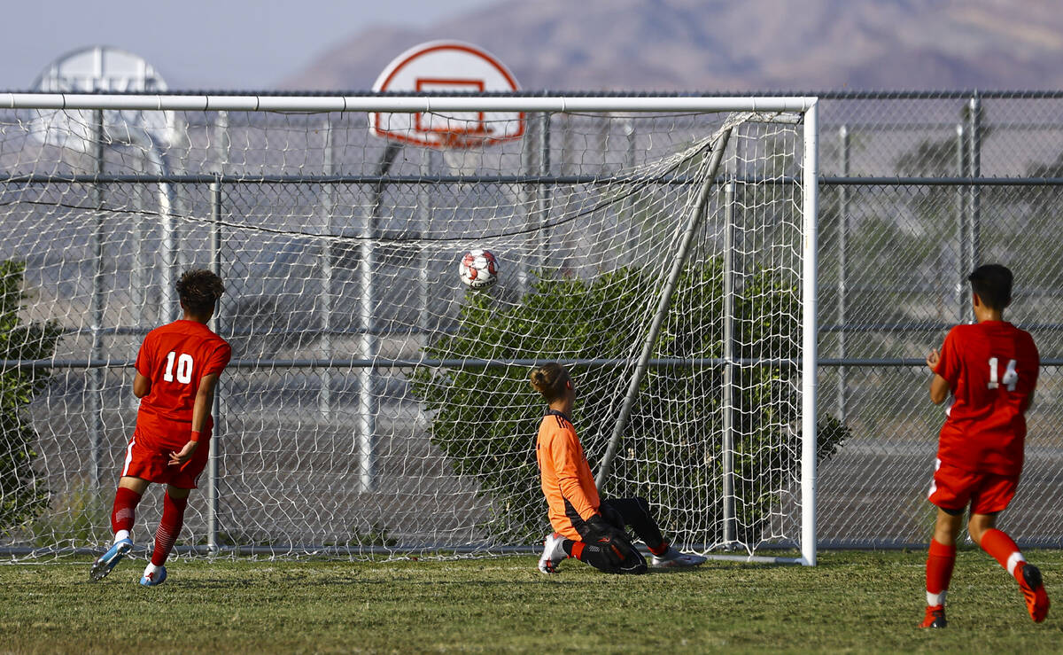 Southeast Career Tech's Jose Lopez, not pictured, gets a goal past Spring Valley's Ryan Sheehan ...
