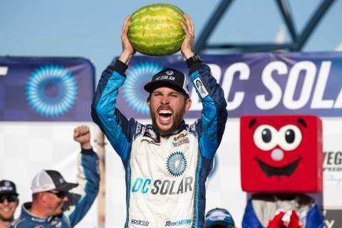 Ross Chastain celebrates in Victory Lane after winning the DC Solar 300 NASCAR Xfinity Series a ...