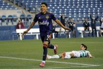 Seattle Sounders forward Raul Ruidiaz celebrates after he scored a goal past Santos Laguna midf ...