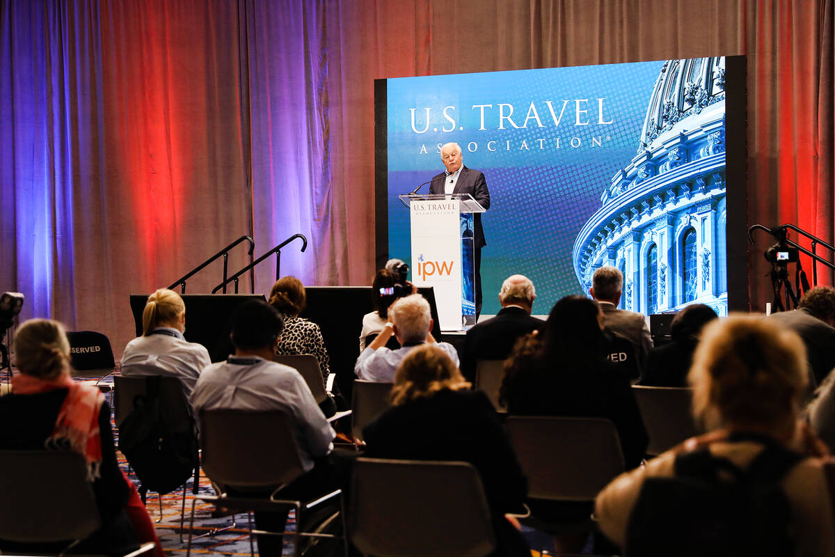 Roger Dow, president and CEO of the U.S. Travel Association, addresses attendees at the IPW int ...