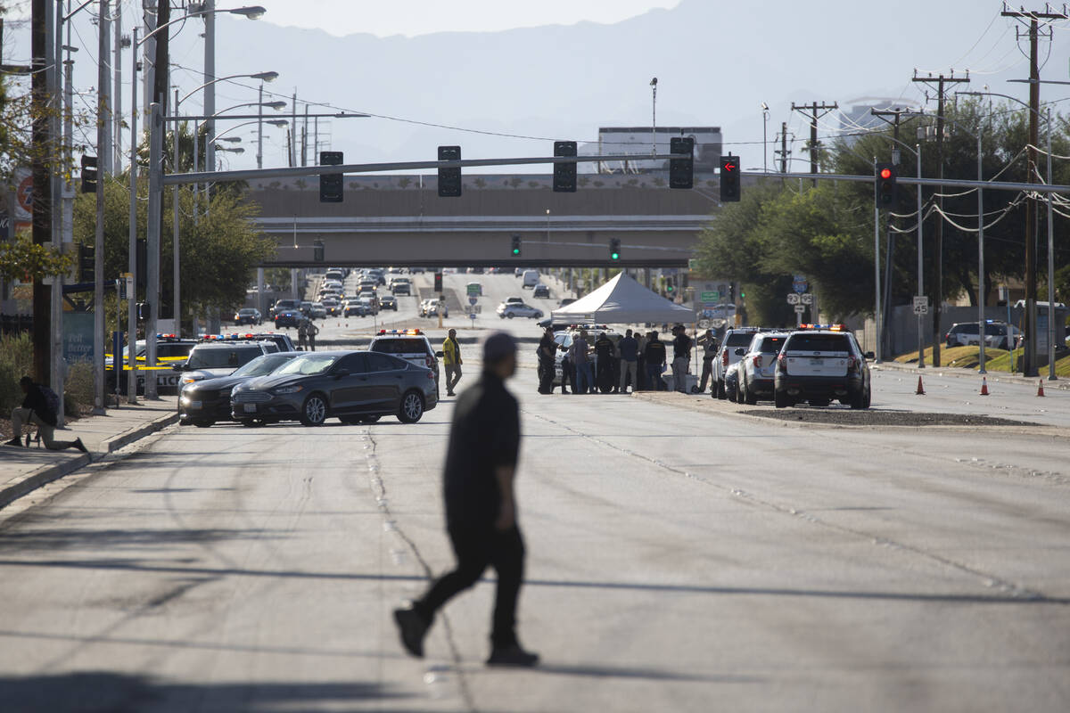 Police presence on Charleston Avenue near Sacramento Drive in Las Vegas, Tuesday, Sept. 21, 202 ...