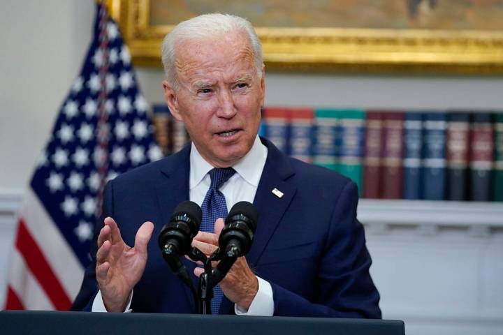 President Joe Biden speaks about Hurricane Henri and Afghanistan evacuations in the Roosevelt R ...