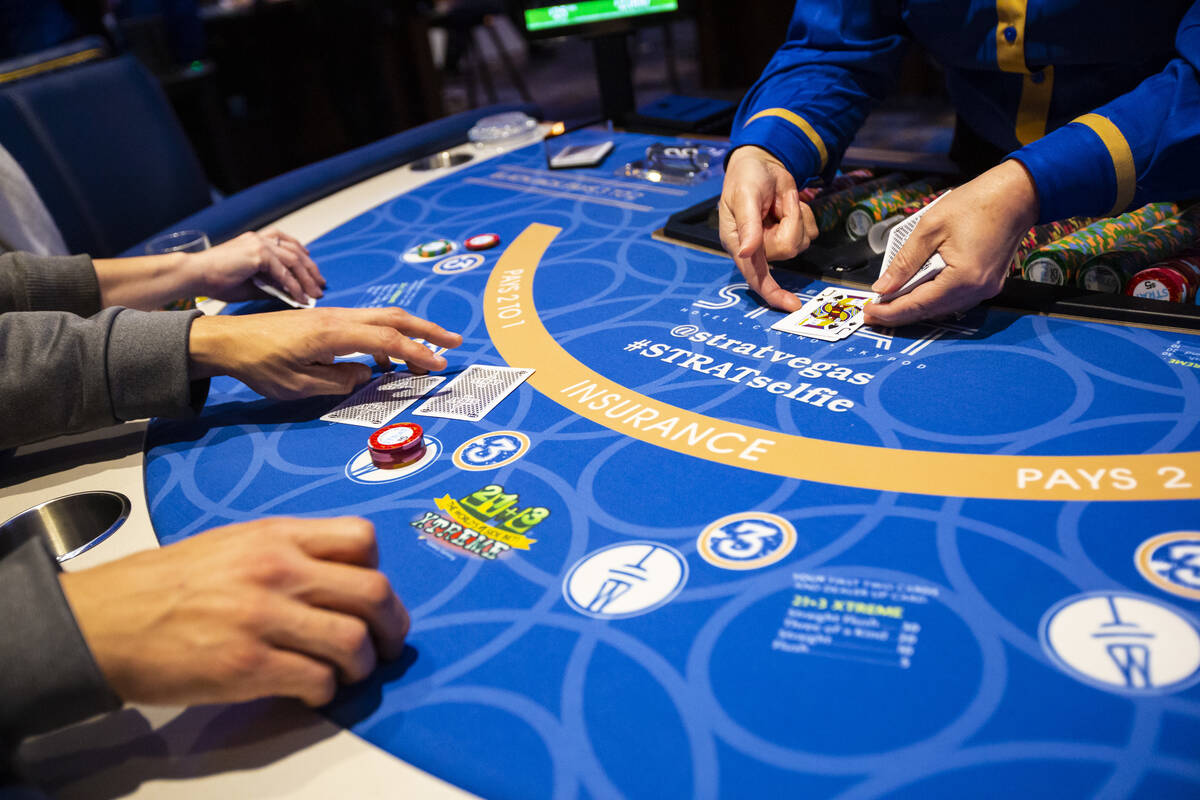 A blackjack game is seen at The Strat in Las Vegas in December 2019. (Chase Stevens/Las Vegas R ...