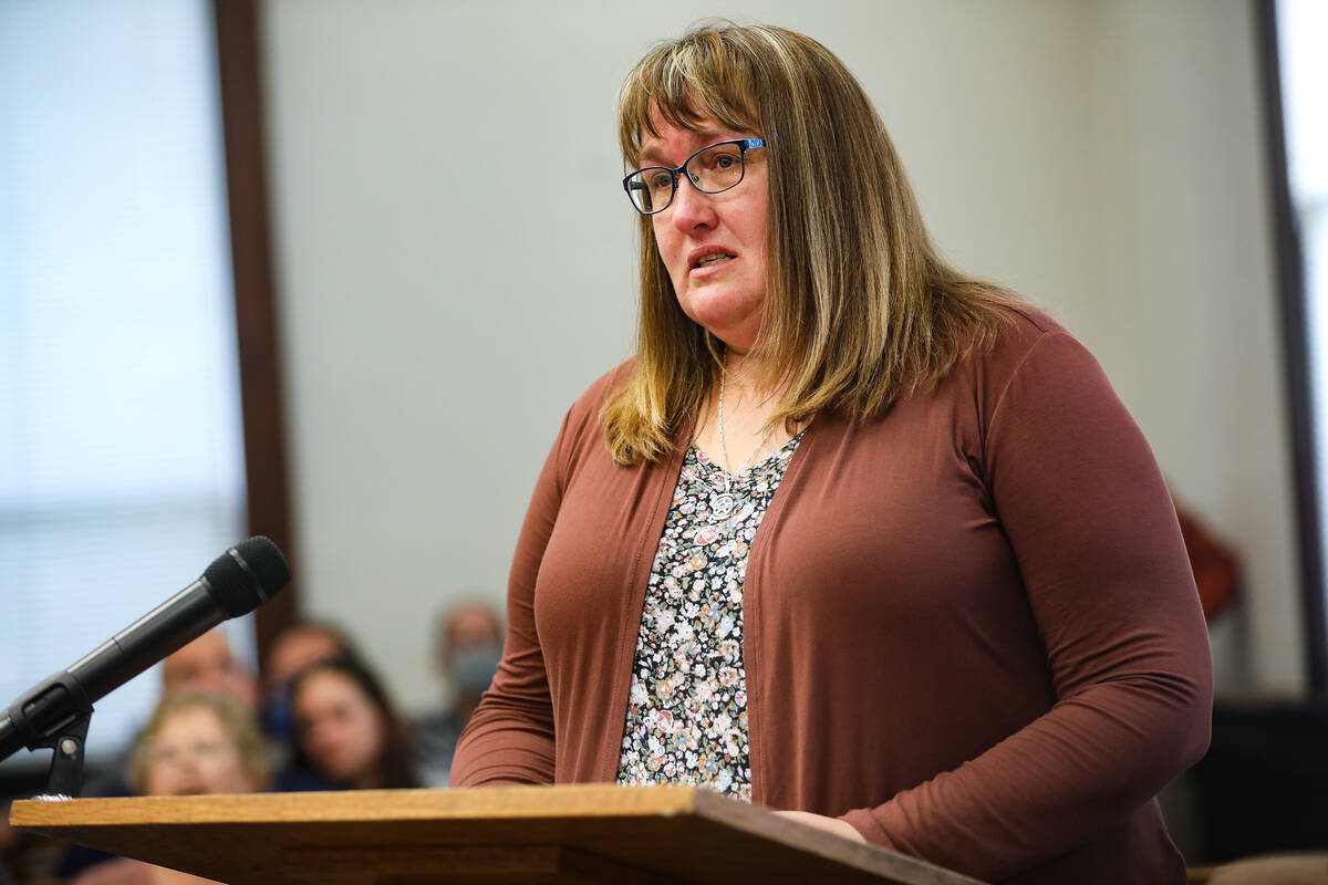 Jodi Jenkins, wife of slain Nevada Highway Patrol Sgt. Ben Jenkins, delivers her victim impact ...