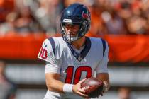 Houston Texans quarterback Davis Mills (10) plays against the Cleveland Browns during the secon ...
