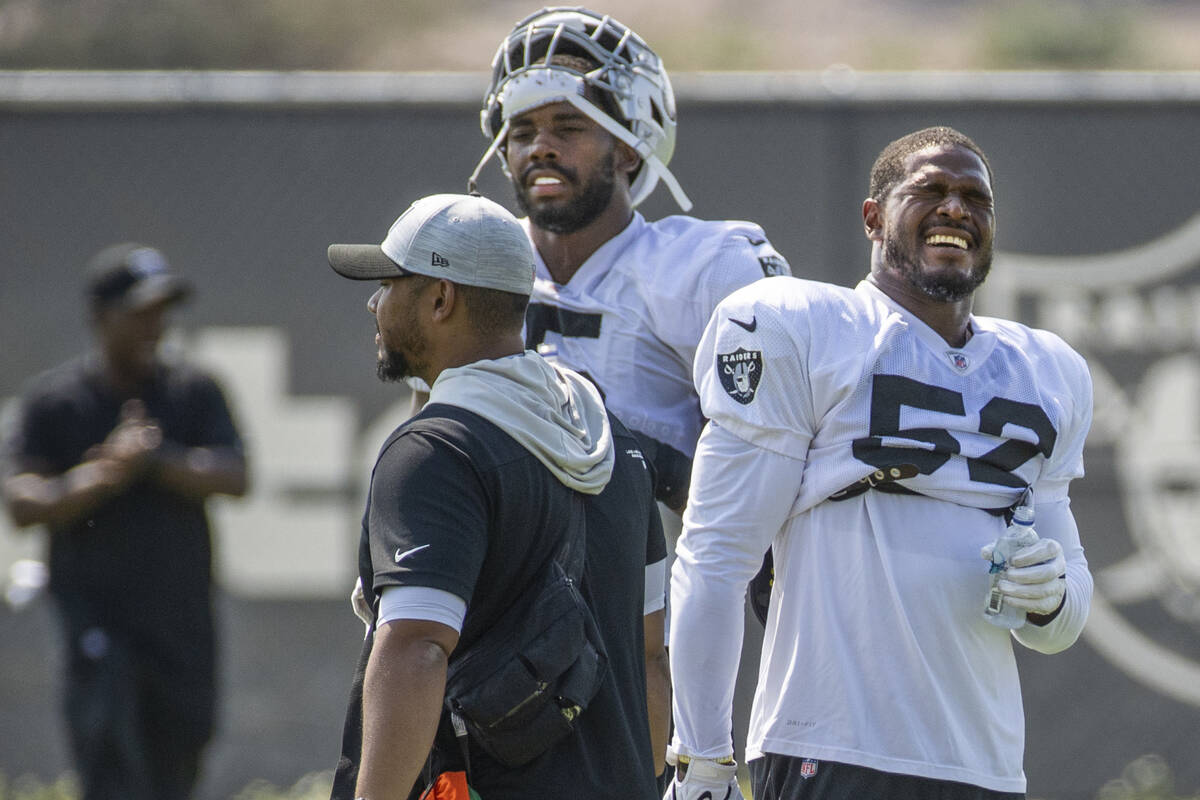 Raiders middle linebacker Denzel Perryman (52) winces during practice at the Intermountain Heal ...