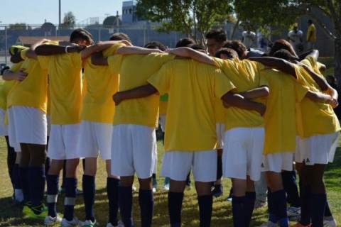 The Shadow Ridge boys soccer team prepares for a game during a past Yellow Out. The school will ...