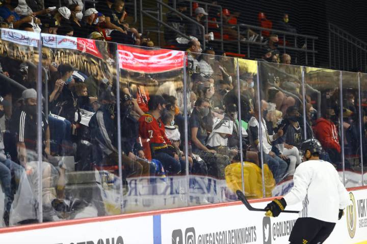 Golden Knights fans watch the action during the first on-ice day of training camp at City Natio ...